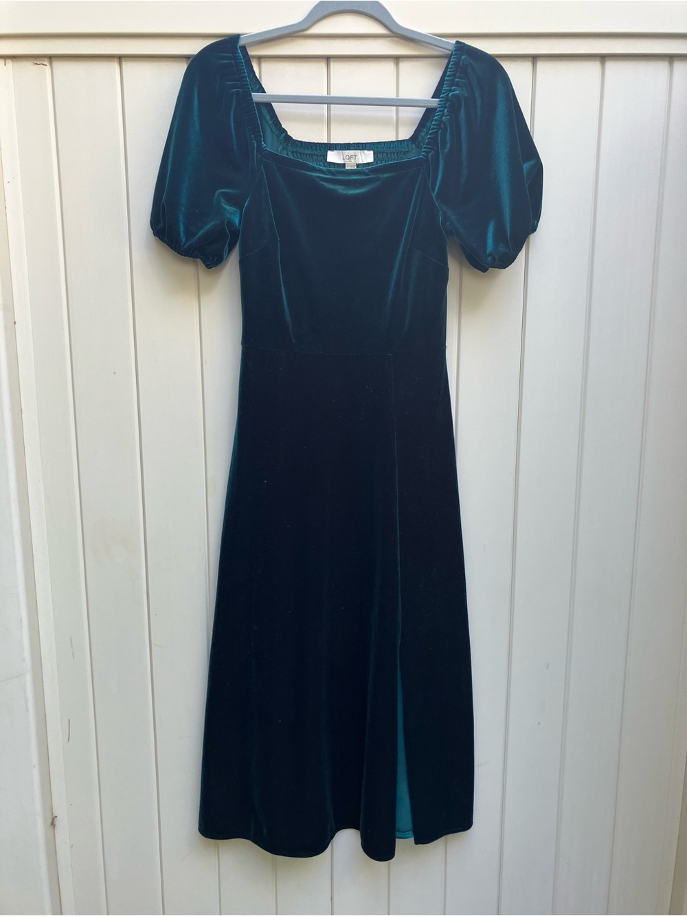 LOFT green velvet dress milkmaid cottagecore 2 romantic smocked holiday midi